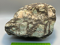 A complexly fractured and healed green and white chert with fractures fill with black chert